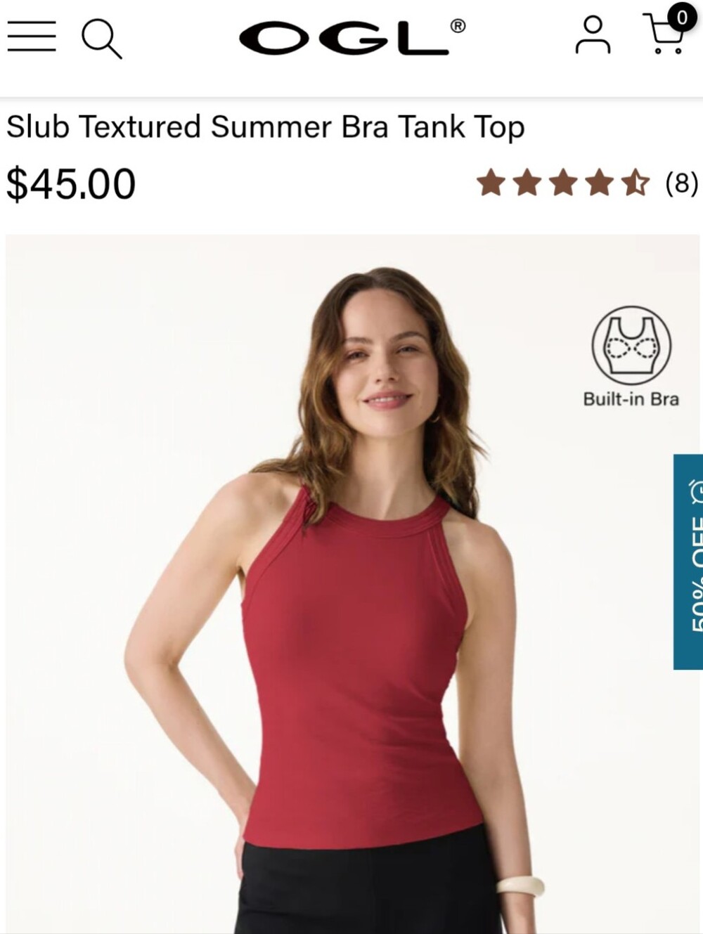 OGLMove Bra Cami Tank Slub Knit High Neck Sz L Retro Red Built In Bra NWT - Picture 2 of 7
